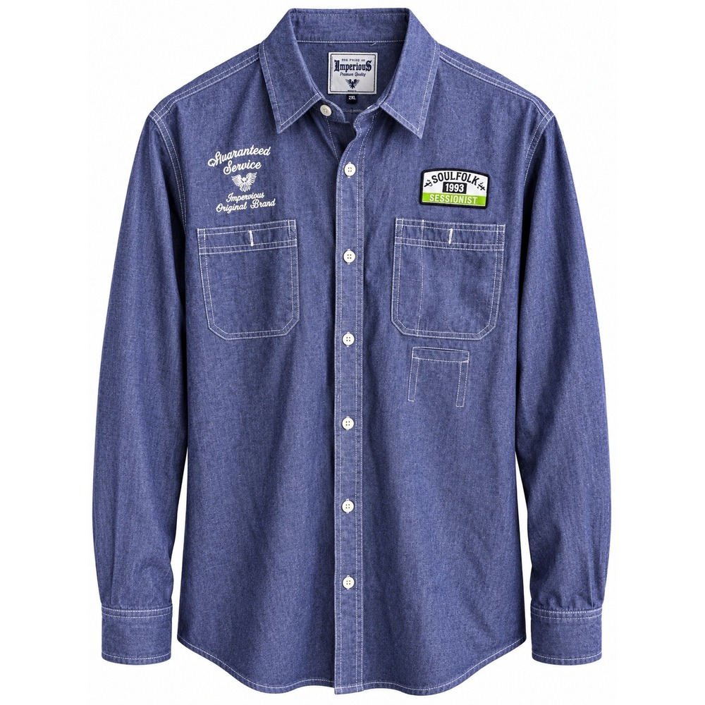 Imperious Men's 2XL Blue Chambray Graphic Work Shirt Los Mochis Guaranteed
